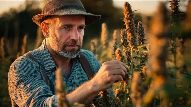 Farmer harvesting plants at sunset demonstrating dedication to sustainable agriculture in serene natural surroundings working hands-on with crops focused expression.