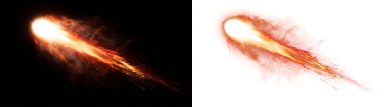 Bright fiery comet or meteor streaking through space with a glowing orange and red tail, presented on black and transparent backgrounds, isolated on transparent background