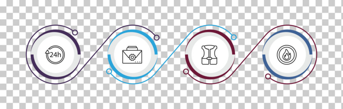outline alert icons set - 24h, kit, life vest, fire button. editable vector for web and mobile ui