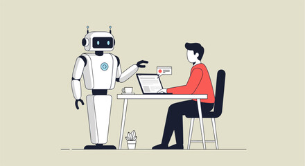 Fototapeta premium Illustration of A robot stands beside a man working on a laptop at a desk in an office setting.