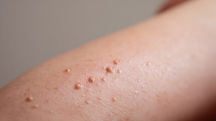 Fototapeta premium Close-up of human skin with numerous small, elevated lesions, highlighting common dermatological conditions on a light-toned background