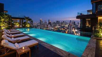 Fototapeta premium Rooftop infinity pool with lounge chairs overlooking city skyline at twilight luxury residential high rise terrace
