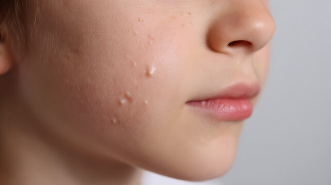 Close-up of a child's face with small bumps on cheek, showing skin condition and detail. Youth dermatology, health and wellness concept