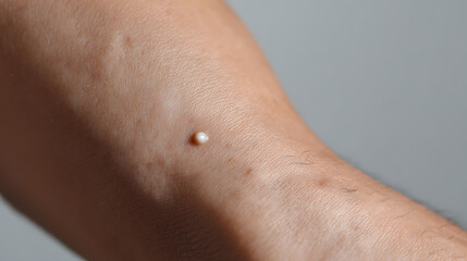 Naklejka premium Close-up of a human arm with a small, pale growth on the skin surface, showing minor skin imperfections and texture against a soft grey background