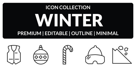 outline winter icons set - anorak vest, bauble, snow goggle, avalanche. editable vector for web and mobile ui © IconArt