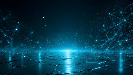 Obraz premium Futuristic cyan technology background with glowing digital network connections, metallic hexagonal textures and modern high-tech sci-fi atmosphere. 