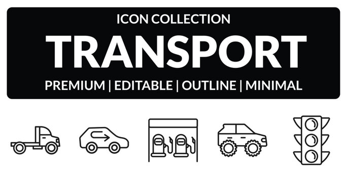 outline transport icons set - truck, recirculation, all terrain vehicle, semaphore. editable vector for web and mobile ui