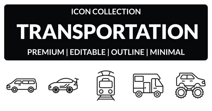 outline transportation icons set - minivan, sport car, camper car, monster truck. editable vector for web and mobile ui