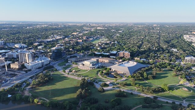 Aerial view of downtown Austin's south end overlooking the Long Center and Palmer Events Center