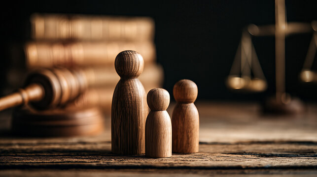 Family Law and Justice: Wooden Figures, Gavel, Books, and Scales in a Rustic Legal Setting