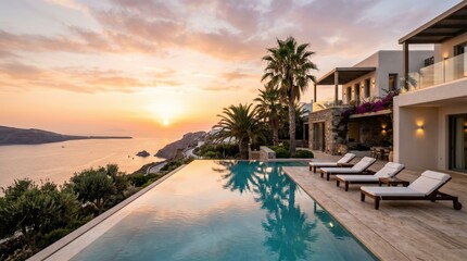 Fototapeta premium Mediterranean villa with infinity pool reflecting orange sunset over coastal bay terrace and loungers by sea