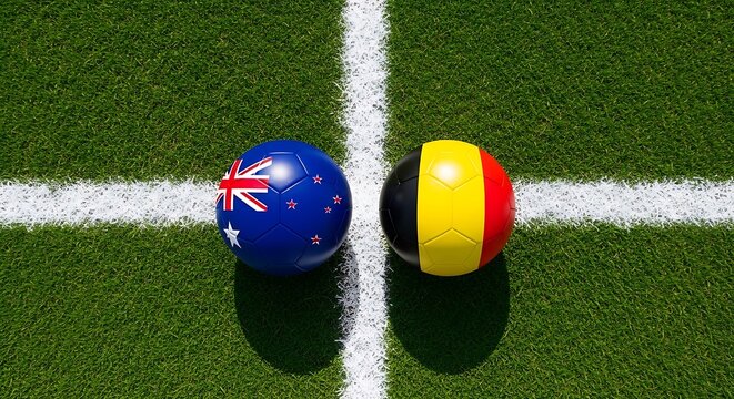 Two footballs with New Zealand and Belgium country flags on a marked grass field