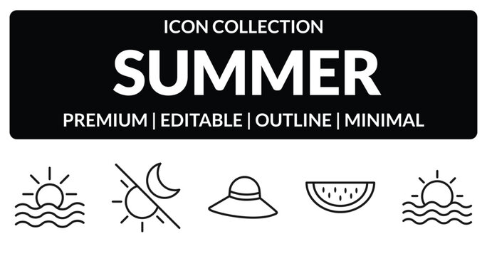 outline summer icons set - ocean, solstice, slice of melon, sun at sea. editable vector for web and mobile ui