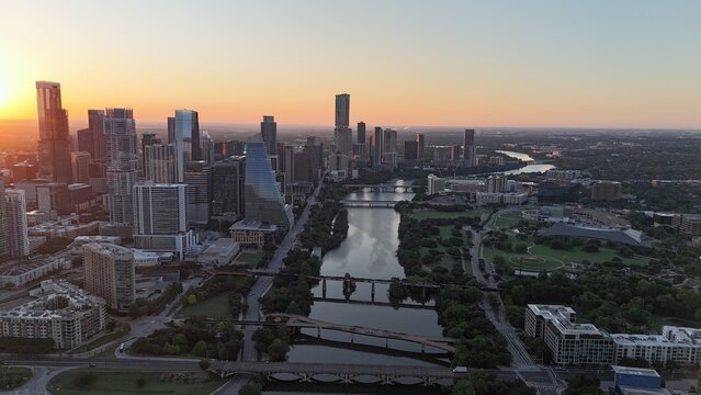 Downtown Austin Texas facing east looking over Ladybird Lake