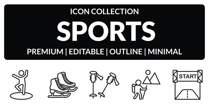 outline sports icons set - dancer motion, ice skates, adventure, starting line. editable vector for web and mobile ui