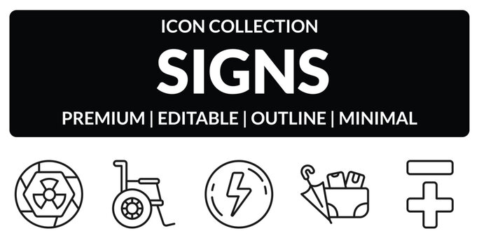 outline signs icons set - radioactive, wheelchair, lost items, less plus. editable vector for web and mobile ui