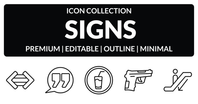 outline signs icons set - maths, quotes, guns, or. editable vector for web and mobile ui