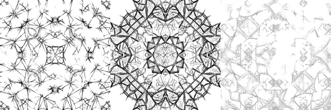Set and collection of complex black line geometric mandala pattern abstract spiritual design element isolated on white transparent png background