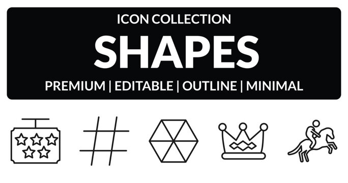 outline shapes icons set - 5 stars, hash key, royalty, horseman. editable vector for web and mobile ui