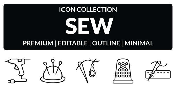 outline sew icons set - hot glue, pincushion, sewing thimble, running stitch. editable vector for web and mobile ui