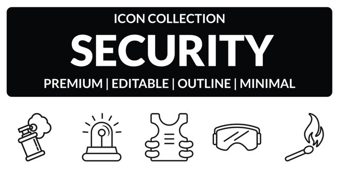 outline security icons set - smoke grenade, emergency light, ski goggles, match fire. editable vector for web and mobile ui