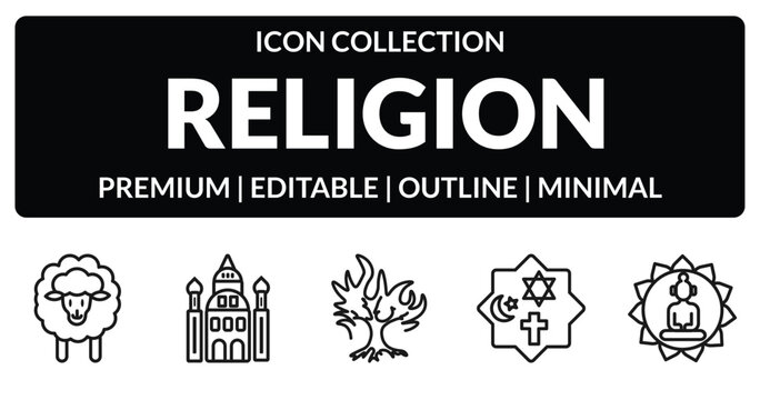 outline religion icons set - lamb, jewish, monotheism, buddhism. editable vector for web and mobile ui