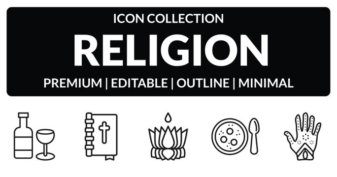 outline religion icons set - hebrew wine, holy scriptures, matzo ball soup, henna painted hand. editable vector for web and mobile ui