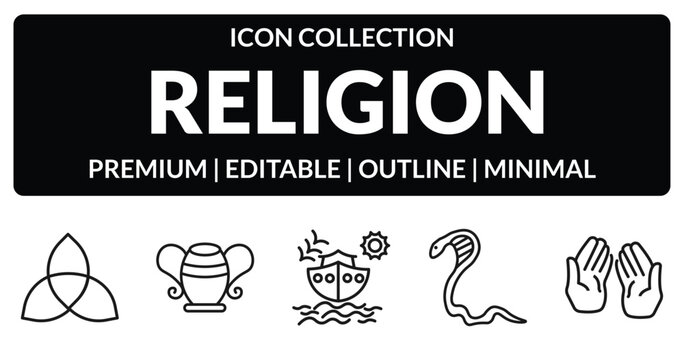 outline religion icons set - paganism, manna jar, cobra, muslim praying hands. editable vector for web and mobile ui