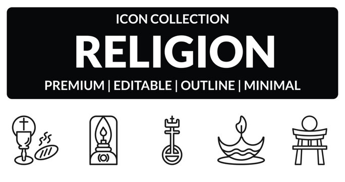 outline religion icons set - communion, old oil lamp, diwali, shinto. editable vector for web and mobile ui
