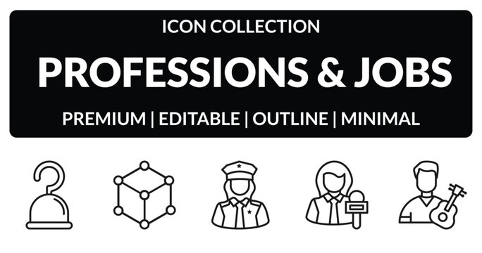 outline professions & jobs icons set - pirate, model, reporter, guitar player. editable vector for web and mobile ui