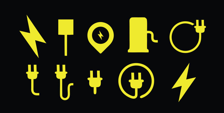Electric Plug And Charging Icon Set. Modern Energy Cable Symbols With Lightning Bolt Elements. Minimal Yellow Power Connector Vector Collection