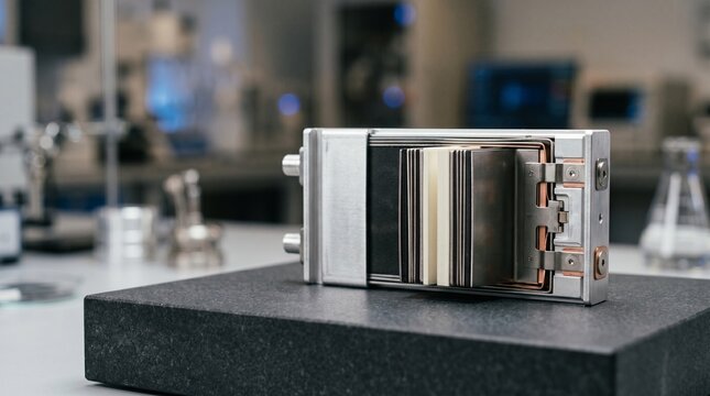 Solid-state battery cell cross section in a clean studio setting