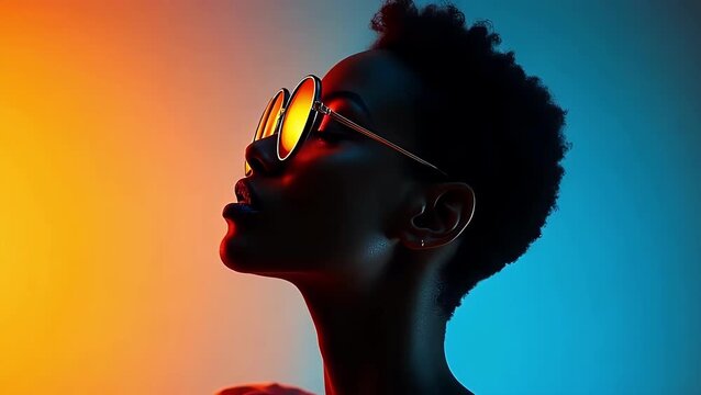 Beautiful black woman wearing stylish sunglasses posing in studio against bright orange and vibrant cyan light backdrop for professional fashion portrait. 4k video background