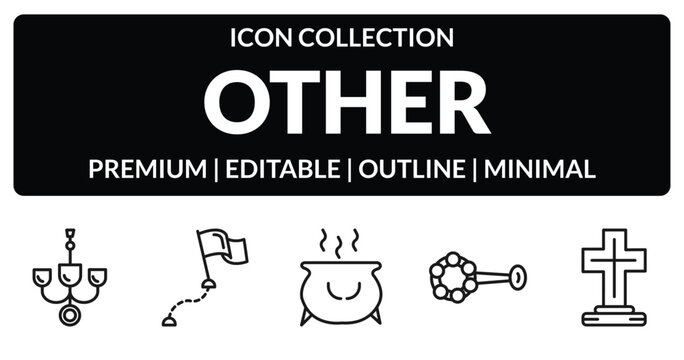 outline other icons set - chandeliers, milestone, baby's rattle, tombstone with cross. editable vector for web and mobile ui