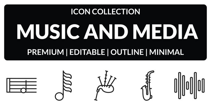 outline music and media icons set - half note, thirty second note, saxophone, sound bars. editable vector for web and mobile ui