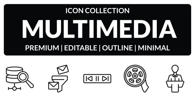 outline multimedia icons set - database analysis, mail funneling, rolls, science conference. editable vector for web and mobile ui
