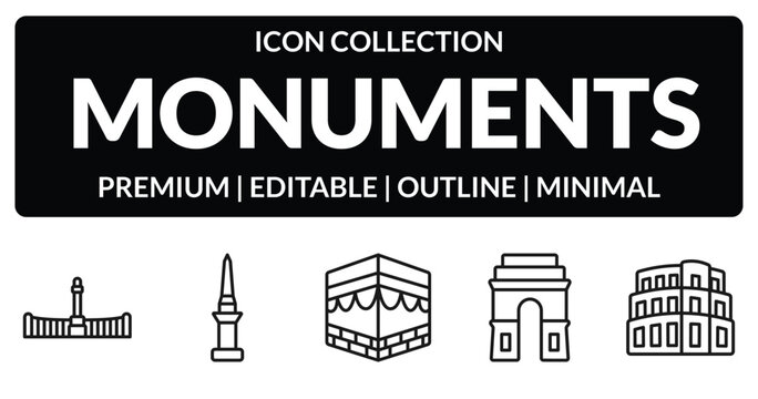 outline monuments icons set - retiro park, philippines, medieval, pula arena. editable vector for web and mobile ui