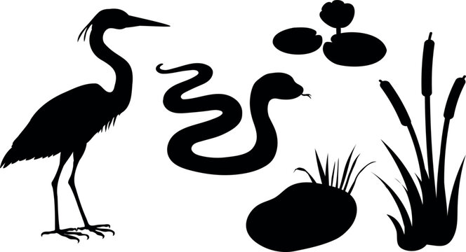 Wetland silhouette set with heron, snake and pond plants vector
