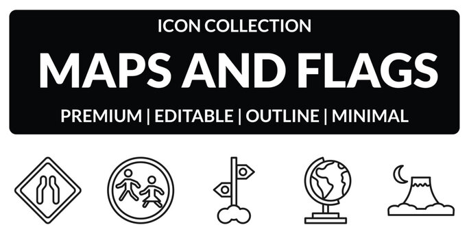 outline maps and flags icons set - narrow two lanes, crossing zone, earth gobe, mount fuji. editable vector for web and mobile ui