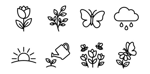 Obraz premium Spring Icons Set: Blooming Flowers, Butterflies, Watering Can, Sunrise, Rain Cloud
