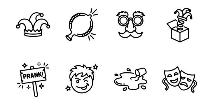 Prank Icons Set, Funny Joke Vector Graphics, Comedy Symbols, Celebration Elements