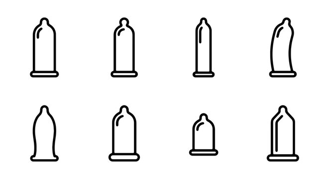 Condom Icons Set, Safe Sex Symbols, Health Protection Vector Graphics, Family Planning