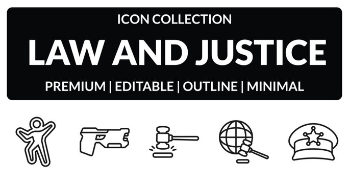 outline law and justice icons set - crime scene, electroshock weapon, diploy, police cap. editable vector for web and mobile ui