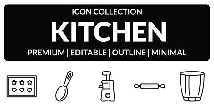 outline kitchen icons set - molded, tablespoon, rolling pin, glass. editable vector for web and mobile ui