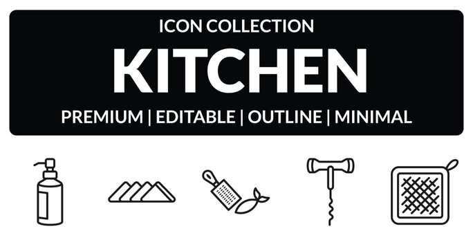 outline kitchen icons set - soap dispenser, napkin, corkscrew, kitchen mitten. editable vector for web and mobile ui