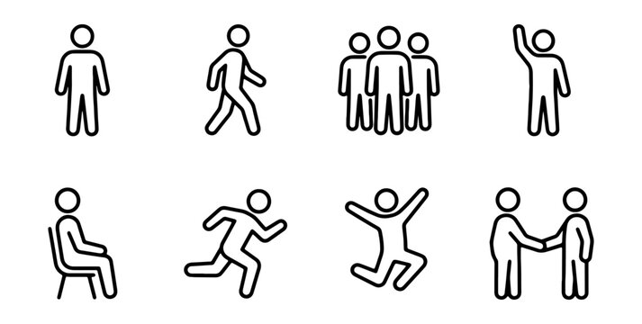 Human Figure Icons Set: Diverse Poses, Simple Line Art, People Silhouettes for Web & Apps