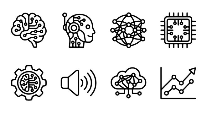 AI Technology Icons: Brain, Robot Head, Neural Network, CPU, Gear, Sound, Cloud, Graph