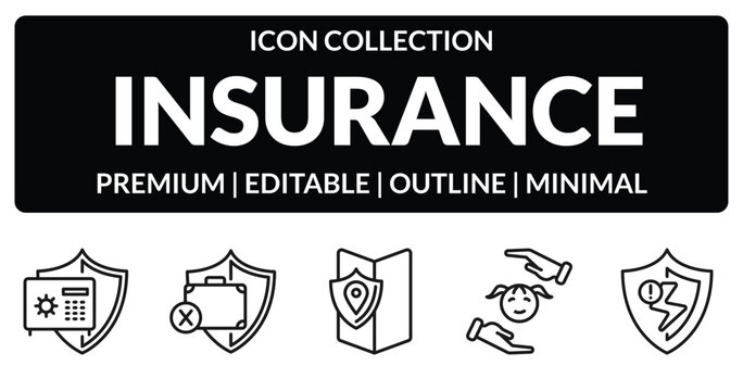 outline insurance icons set - bank safe, unemployed, child, problem electric. editable vector for web and mobile ui