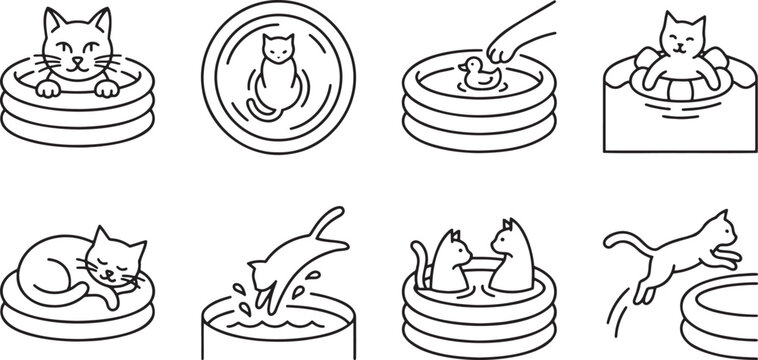 Swimming cats enjoying water and floating in pools