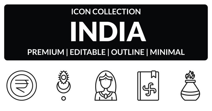 outline india icons set - nakatheng, devi, vedas, tandoori. editable vector for web and mobile ui